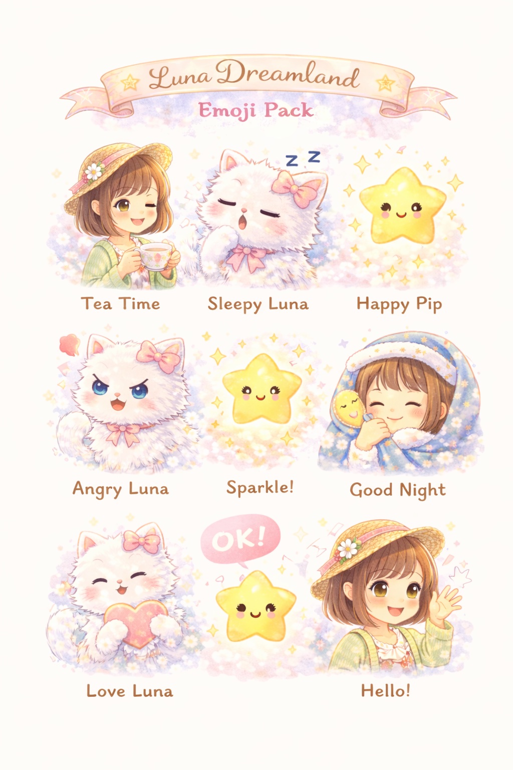 The full Luna Dreamland emoji pack poster with all nine stickers