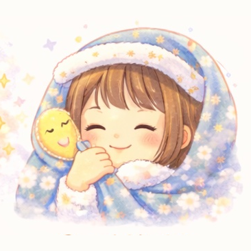 Kiki wrapped in a starry blanket, sleepy and smiling