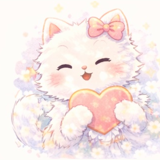 Luna the white cat holding a pink heart