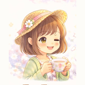 Kiki in a straw hat holding a teacup, winking