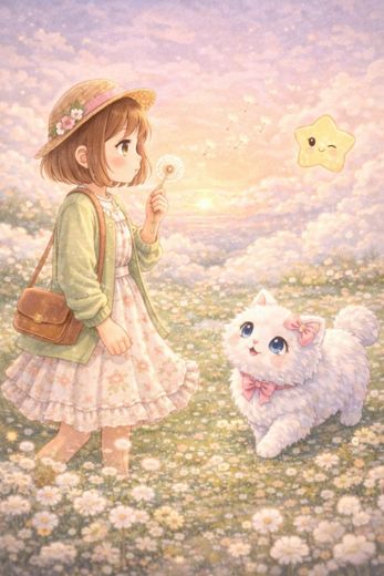 Kiki and Luna in a field of giant dandelions under a bright sky