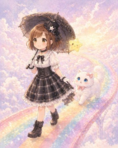 Kiki with a parasol crossing the Rainbow Bridge at dusk