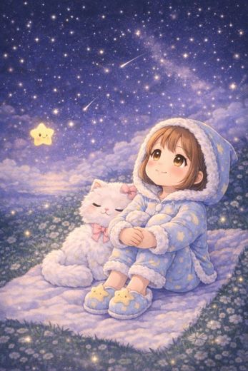 Kiki in starry pajamas and Luna watching the stars on Star Field