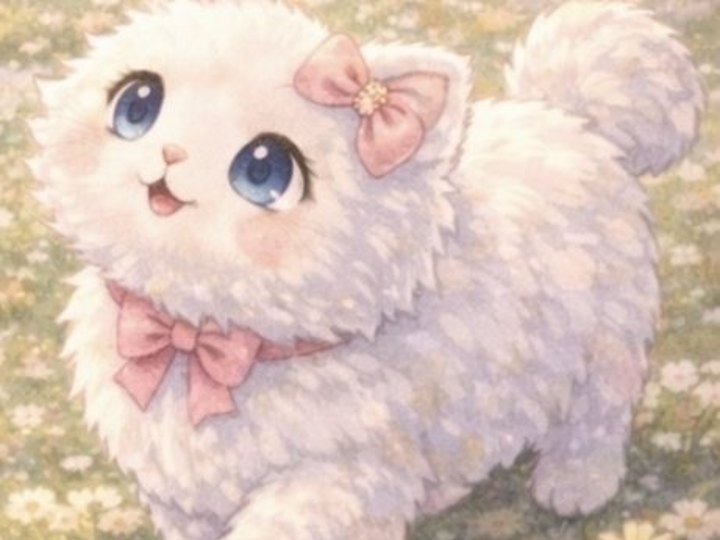 Luna, a fluffy white cat with big blue eyes and a pink bow