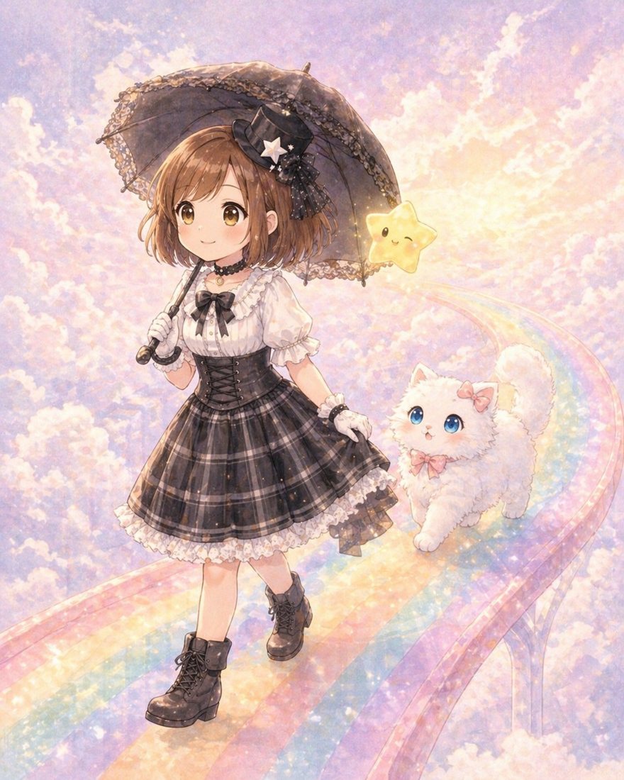 Kiki in her Moonlight Gothic outfit walking across Rainbow Bridge with a lace parasol, Luna following
