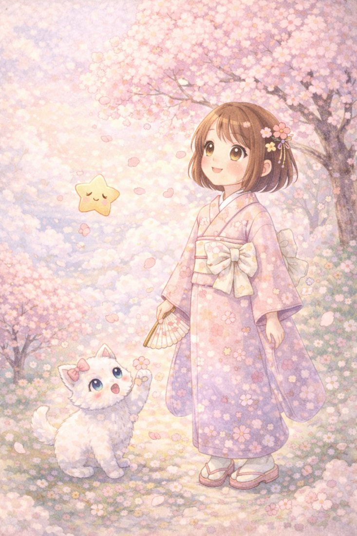 Kiki in a pink sakura kimono under a cherry blossom tree on Sakura Hill, Luna at her feet