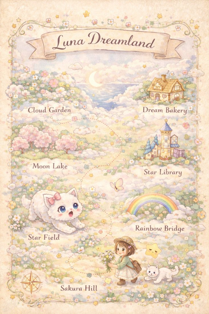 Illustrated map of Luna Dreamland showing its seven places