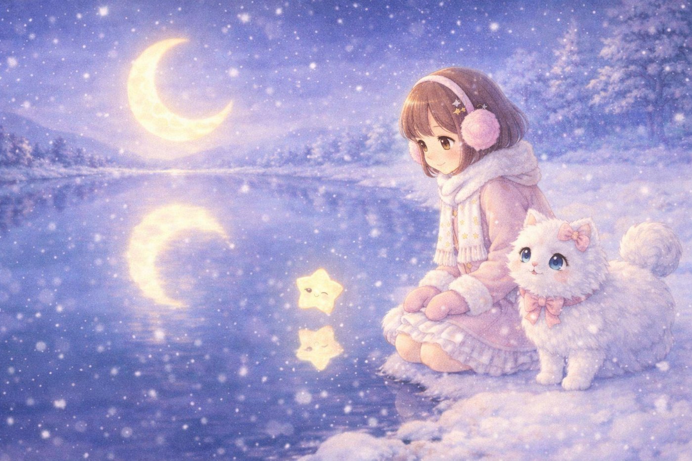 Kiki in a pink winter coat and earmuffs kneeling by Moon Lake on a snowy night, Luna beside her and Pip reflected in the water next to the moon