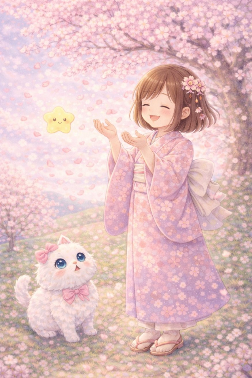 Kiki in a pink sakura kimono catching falling petals under a cherry blossom tree on Sakura Hill, Luna sitting at her feet
